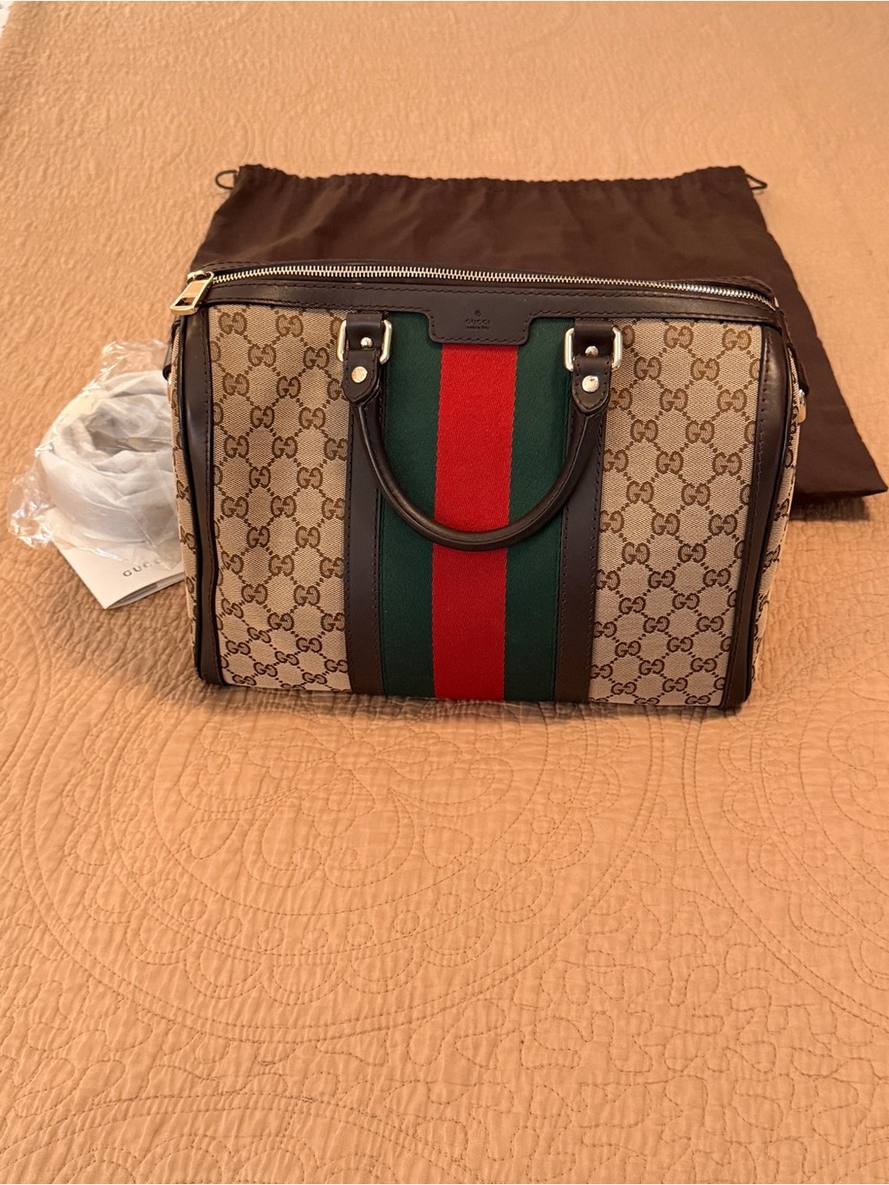 Gucci Brown GG Canvas Boston Tote with Green and Red Web